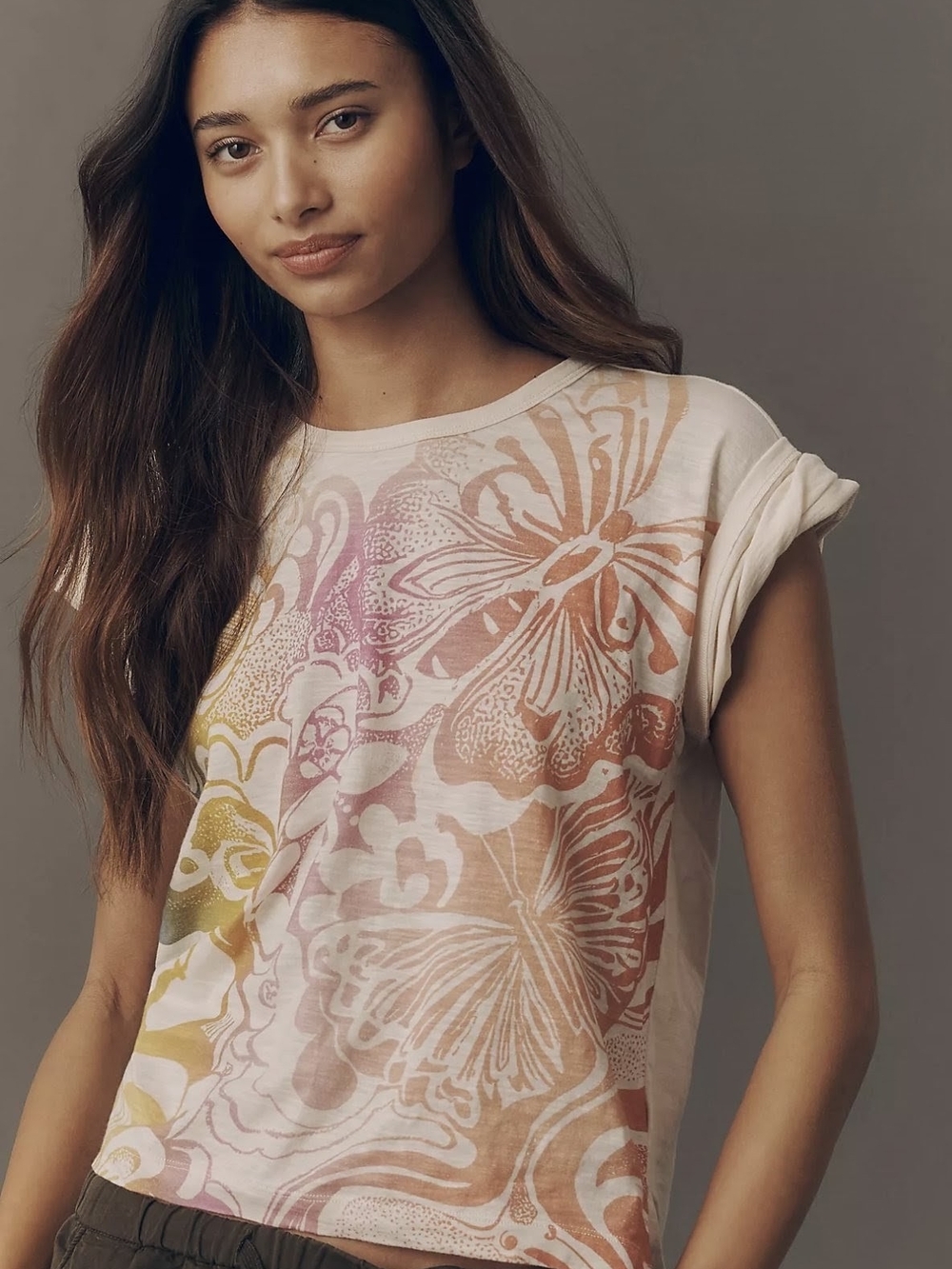 $22 Anthropologie Pilcro Women's XL Butterfly Graphic Cotton Notched Hem Tee EUC